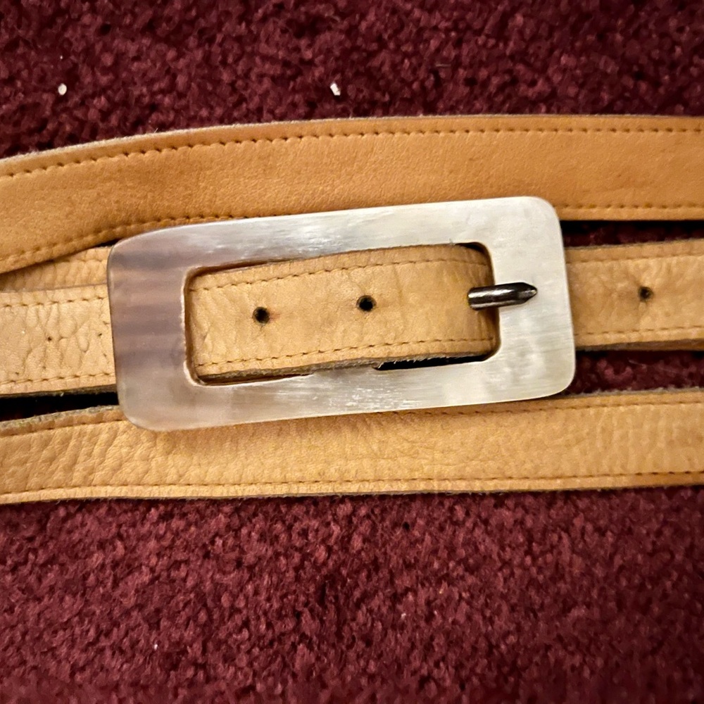 Double wrap leather belt with tortoise shell buckle